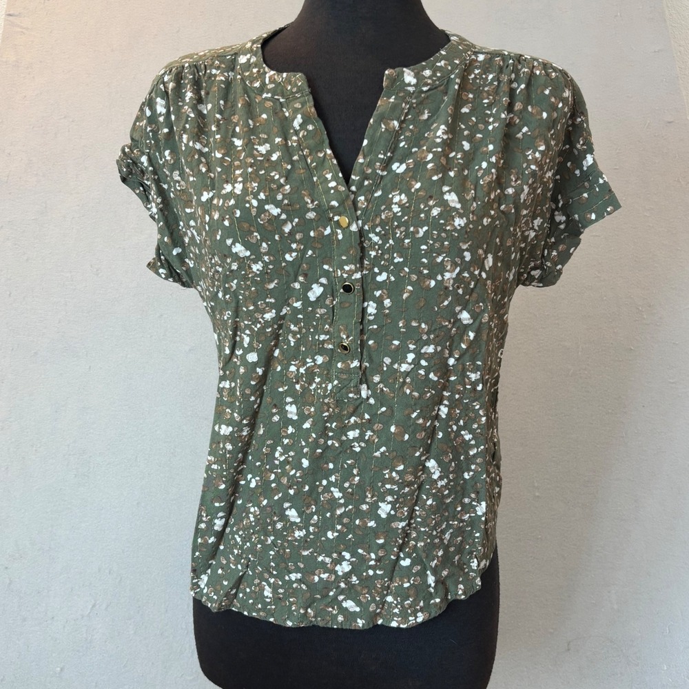 Como Black Olive Green Floral Metallic Pinstripe Blouse XL Short Sleeve Top